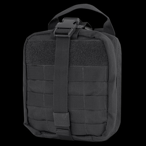 The Condor Rip-Away EMT Pouch is a black tactical pouch featuring a top handle, front buckle strap, and front MOLLE webbing for modular attachments.