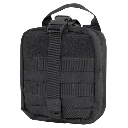 The Condor Rip-Away EMT Pouch is a black tactical pouch featuring a top handle, front buckle strap, and front MOLLE webbing for modular attachments.