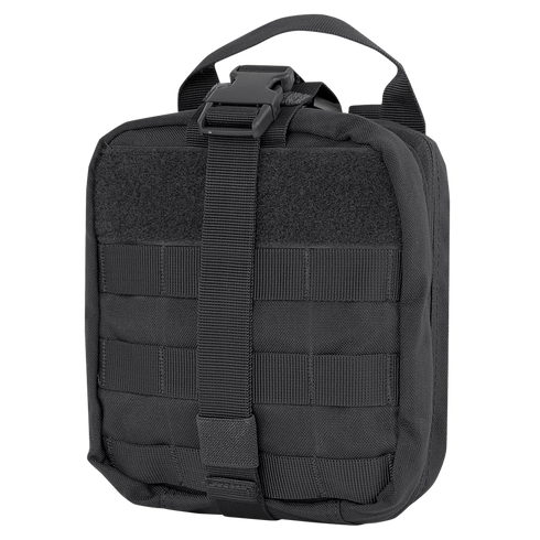 The Condor Rip-Away EMT Pouch is a black tactical pouch featuring a top handle, front buckle strap, and front MOLLE webbing for modular attachments.