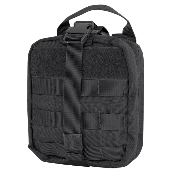 The Condor Rip-Away EMT Pouch is a black tactical pouch featuring a top handle, front buckle strap, and front MOLLE webbing for modular attachments.