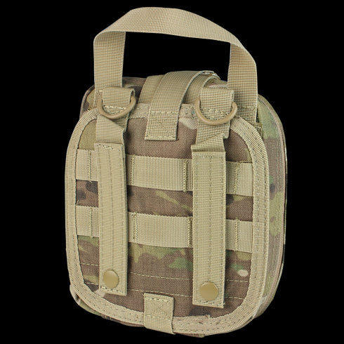 The Condor Rip-Away EMT Pouch - MultiCam is a compact tactical pouch with a handle, two vertical straps on the back, and MOLLE webbing for easy attachment to your gear.
