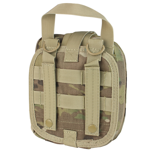 The Condor Rip-Away EMT Pouch - MultiCam is a compact tactical pouch with a handle, two vertical straps on the back, and MOLLE webbing for easy attachment to your gear.