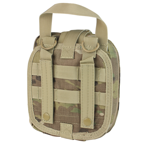 The Condor Rip-Away EMT Pouch - MultiCam is a compact tactical pouch with a handle, two vertical straps on the back, and MOLLE webbing for easy attachment to your gear.