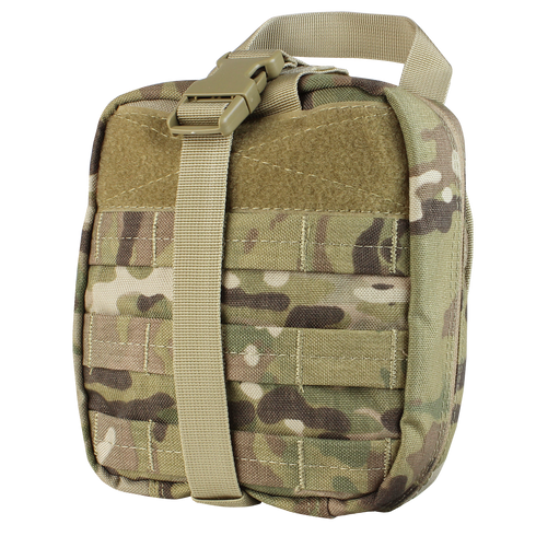 The Condor Rip-Away EMT Pouch in MultiCam is a compact tactical pouch with a buckle closure and front webbing, featuring a camouflage pattern.