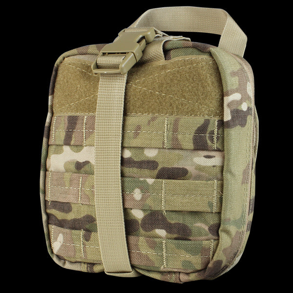 The Condor Rip-Away EMT Pouch in MultiCam is a compact tactical pouch with a buckle closure and front webbing, featuring a camouflage pattern.