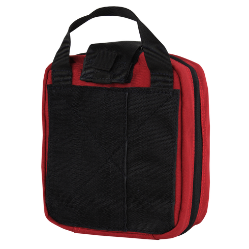 The Condor Rip-Away EMT Pouch is a red zippered carrying case with black handles and an exterior black pocket, shown standing upright against a white background.