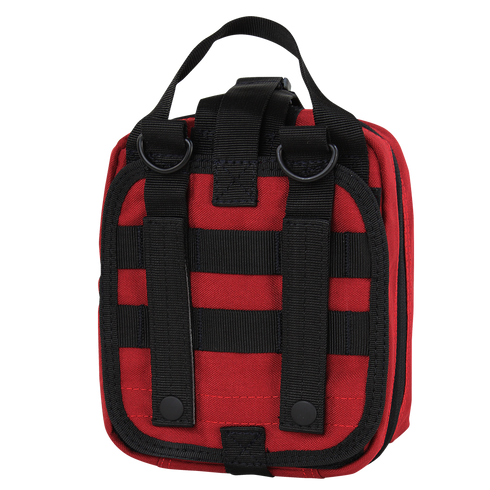 The Condor Rip-Away EMT Pouch is a small red pouch with black straps, MOLLE webbing, and two metal D-rings, displayed from the back to show attachment options.