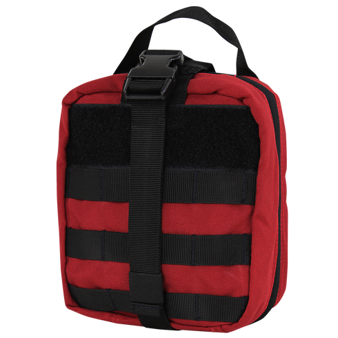 The Condor Rip-Away EMT Pouch is a red tactical pouch with black straps and a buckle handle, ideal for carrying gear or medical supplies.