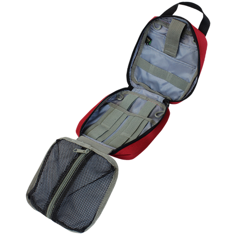 The Condor Rip-Away EMT Pouch in red and gray is open, revealing internal mesh pockets, elastic straps, and compartments designed for organizing small items.