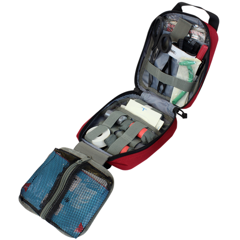 The Condor Rip-Away EMT Pouch in Scorpion OCP opens to reveal organized medical supplies like bandages, tape, scissors, gloves, and other essentials—ideal for EDC or first responders.