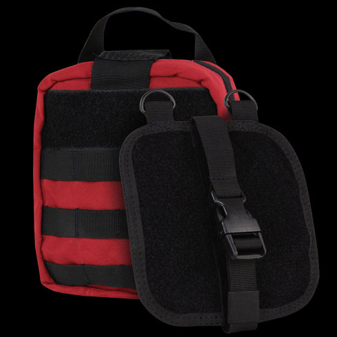 The Condor Rip-Away EMT Pouch is a red tactical pouch with black straps, Velcro panels, and a quick-release buckle, designed for easy attachment to gear or backpacks.