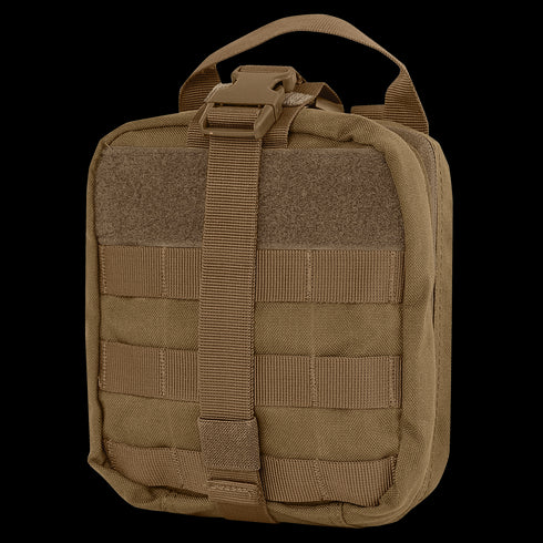 The Condor Rip-Away EMT Pouch is a tan tactical pouch with a handle, buckle closure, and front MOLLE webbing for modular attachment.