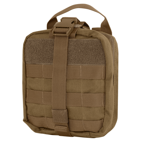 The Condor Rip-Away EMT Pouch is a tan tactical pouch with a handle, buckle closure, and front MOLLE webbing for modular attachment.