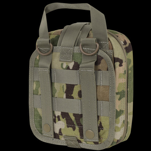 The Condor Rip-Away EMT Pouch in Scorpion OCP features a camouflage design, two vertical straps, metal rings, and a top handle for secure attachment to gear or backpacks.