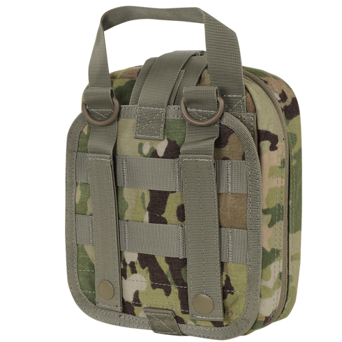 The Condor Rip-Away EMT Pouch in Scorpion OCP features a camouflage design, two vertical straps, metal rings, and a top handle for secure attachment to gear or backpacks.