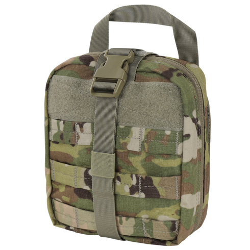 The Condor Rip-Away EMT Pouch in Scorpion OCP is a compact tactical pouch featuring a top handle, front buckle strap, zip closure, and external webbing in a camouflage pattern.