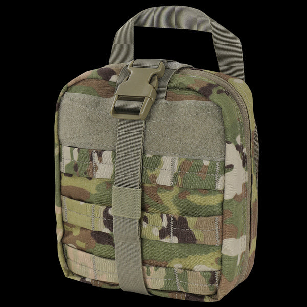 The Condor Rip-Away EMT Pouch in Scorpion OCP is a compact tactical pouch featuring a top handle, front buckle strap, zip closure, and external webbing in a camouflage pattern.