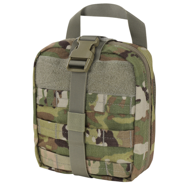 The Condor Rip-Away EMT Pouch in Scorpion OCP is a compact tactical pouch featuring a top handle, front buckle strap, zip closure, and external webbing in a camouflage pattern.