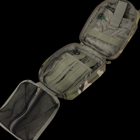 A top view of the Condor Rip-Away EMT Pouch in Scorpion OCP, featuring an open design with internal mesh pocket, elastic straps, and a zippered closure.