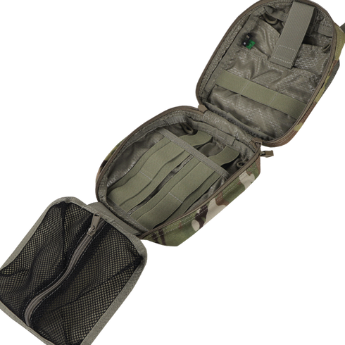 A top view of the Condor Rip-Away EMT Pouch in Scorpion OCP, featuring an open design with internal mesh pocket, elastic straps, and a zippered closure.