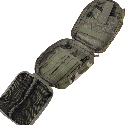 A top view of the Condor Rip-Away EMT Pouch in Scorpion OCP, featuring an open design with internal mesh pocket, elastic straps, and a zippered closure.