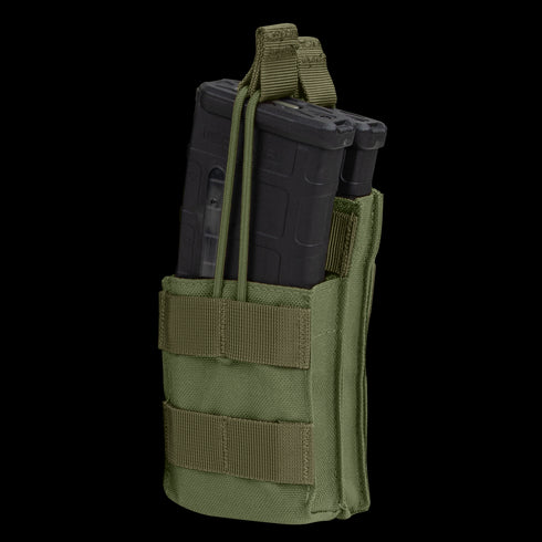 The Condor Single Stacker M4 Mag Pouch in Olive Drab holds two black rifle magazines, with elastic retention straps and front MOLLE webbing.