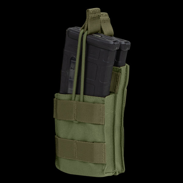 The Condor Single Stacker M4 Mag Pouch in Olive Drab holds two black rifle magazines, with elastic retention straps and front MOLLE webbing.