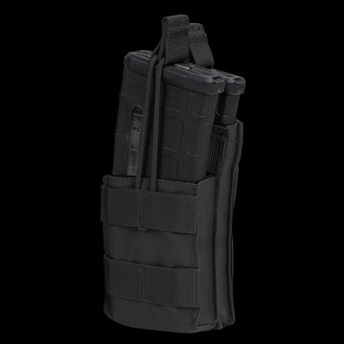 The Condor Single Stacker M4 Mag Pouch holds two rifle magazines with elastic retention cords and features MOLLE webbing on the front and sides.