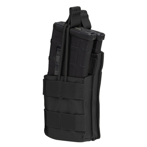 The Condor Single Stacker M4 Mag Pouch holds two rifle magazines with elastic retention cords and features MOLLE webbing on the front and sides.