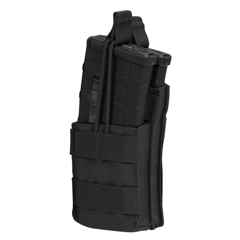 The Condor Single Stacker M4 Mag Pouch holds two rifle magazines with elastic retention cords and features MOLLE webbing on the front and sides.