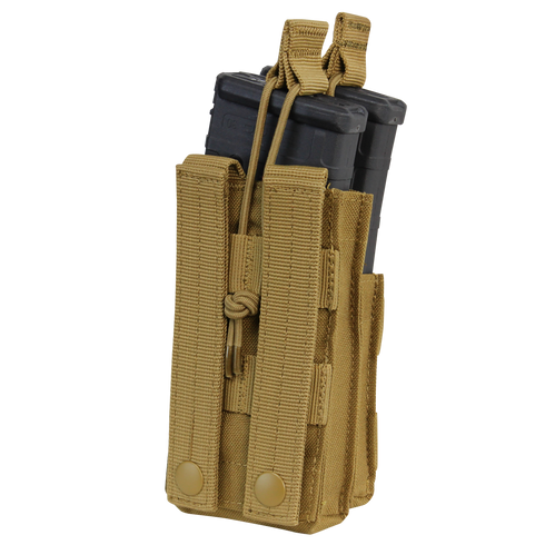 Condor Single Stacker M4 Mag Pouch in Scorpion OCP holds rifle mags with MOLLE straps and bungee retention—ideal for tactical setups.
