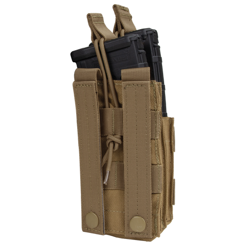 The Condor Single Stacker M4 Mag Pouch in tan holds two black rifle magazines, featuring MOLLE webbing and adjustable bungee retention cords.