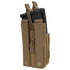 The Condor Single Stacker M4 Mag Pouch in tan holds two black rifle magazines, featuring MOLLE webbing and adjustable bungee retention cords.
