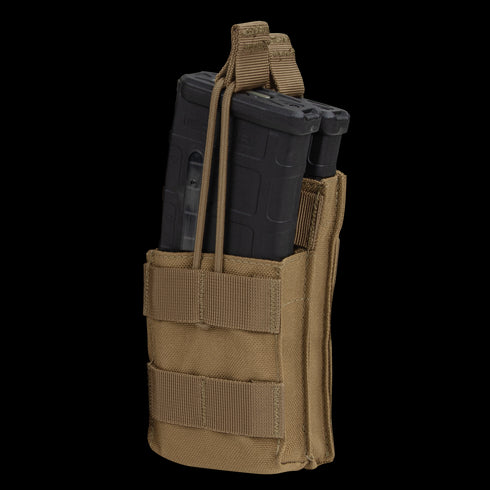 The Condor Single Stacker M4 Mag Pouch in tan securely holds two black rifle magazines with elastic retention cords.