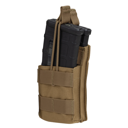 The Condor Single Stacker M4 Mag Pouch in tan securely holds two black rifle magazines with elastic retention cords.