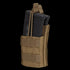 The Condor Single Stacker M4 Mag Pouch in tan securely holds two black rifle magazines with elastic retention cords.