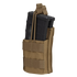 The Condor Single Stacker M4 Mag Pouch in tan securely holds two black rifle magazines with elastic retention cords.