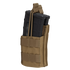 The Condor Single Stacker M4 Mag Pouch in tan securely holds two black rifle magazines with elastic retention cords.