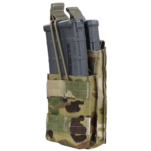 Condor Single Stacker M4 Mag Pouch in Scorpion OCP holds two black rifle magazines, secured with elastic retention straps.