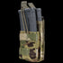 Condor Single Stacker M4 Mag Pouch in Scorpion OCP holds two black rifle magazines, secured with elastic retention straps.