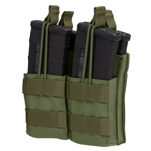 Two black rifle magazines are stored in a Condor Double Stacker M4 Mag Pouch in Olive Drab, featuring retention straps and front MOLLE webbing.