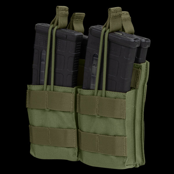 Two black rifle magazines are stored in a Condor Double Stacker M4 Mag Pouch in Olive Drab, featuring retention straps and front MOLLE webbing.