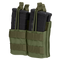 Two black rifle magazines are stored in a Condor Double Stacker M4 Mag Pouch in Olive Drab, featuring retention straps and front MOLLE webbing.