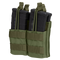 Two black rifle magazines are stored in a Condor Double Stacker M4 Mag Pouch in Olive Drab, featuring retention straps and front MOLLE webbing.