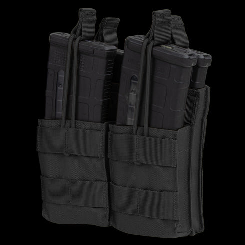 The Condor Double Stacker M4 Mag Pouch is a black nylon pouch that holds four rifle magazines, secured with elastic retention cords.
