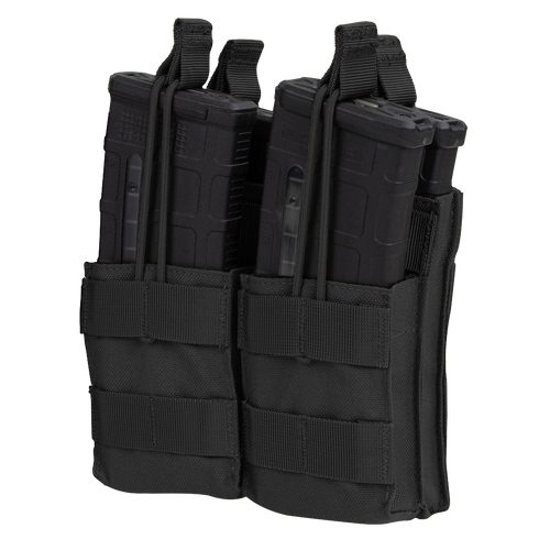 The Condor Double Stacker M4 Mag Pouch is a black nylon pouch that holds four rifle magazines, secured with elastic retention cords.