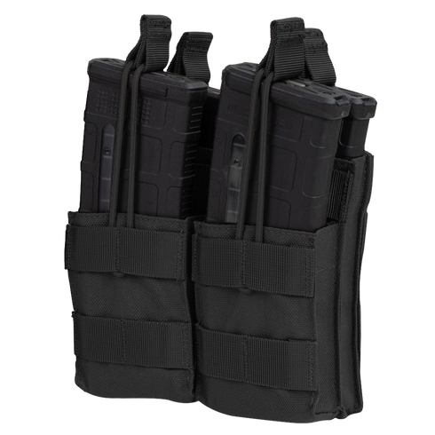 The Condor Double Stacker M4 Mag Pouch is a black nylon pouch that holds four rifle magazines, secured with elastic retention cords.