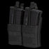 The Condor Double Stacker M4 Mag Pouch is a black nylon pouch that holds four rifle magazines, secured with elastic retention cords.