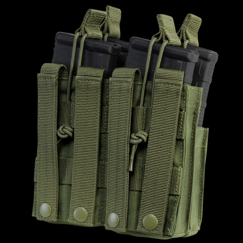 The Condor Double Stacker M4 Mag Pouch in Scorpion OCP holds two rifle mags, featuring MOLLE webbing, snap closures, and adjustable retention straps—perfect for military or law enforcement EDC setups.
