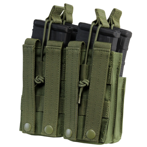 The Condor Double Stacker M4 Mag Pouch in Scorpion OCP holds two rifle mags, featuring MOLLE webbing, snap closures, and adjustable retention straps—perfect for military or law enforcement EDC setups.